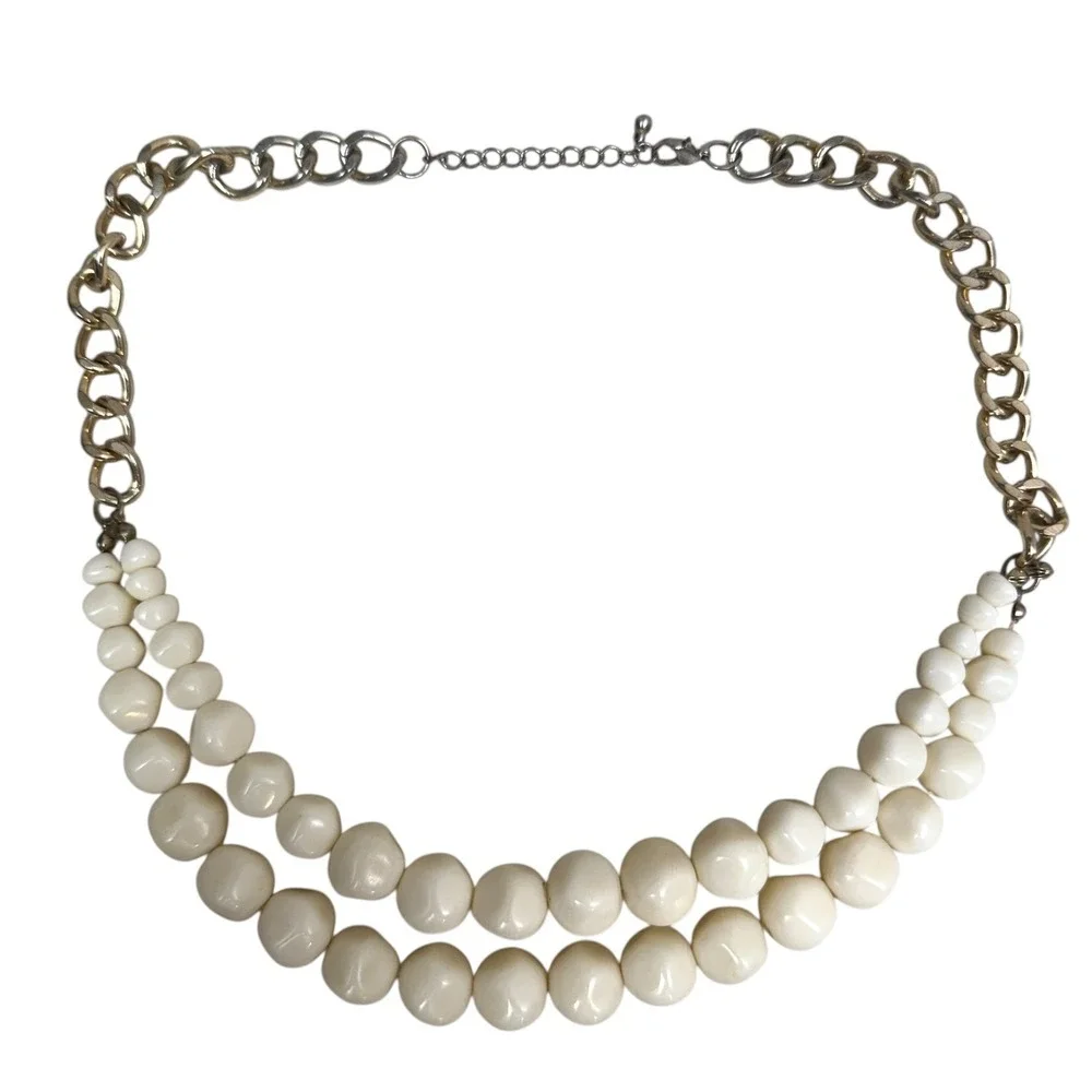 Chunky Bead Chain Gold Tone Statement Necklace Off White Costume Jewelry 21 in